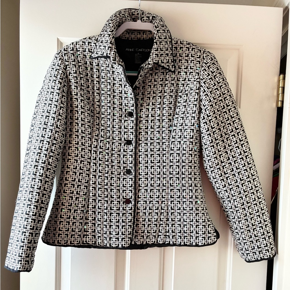 Anne Carson Silk Blazer Jacket Quilted Geometric Pattern Black & White Size M